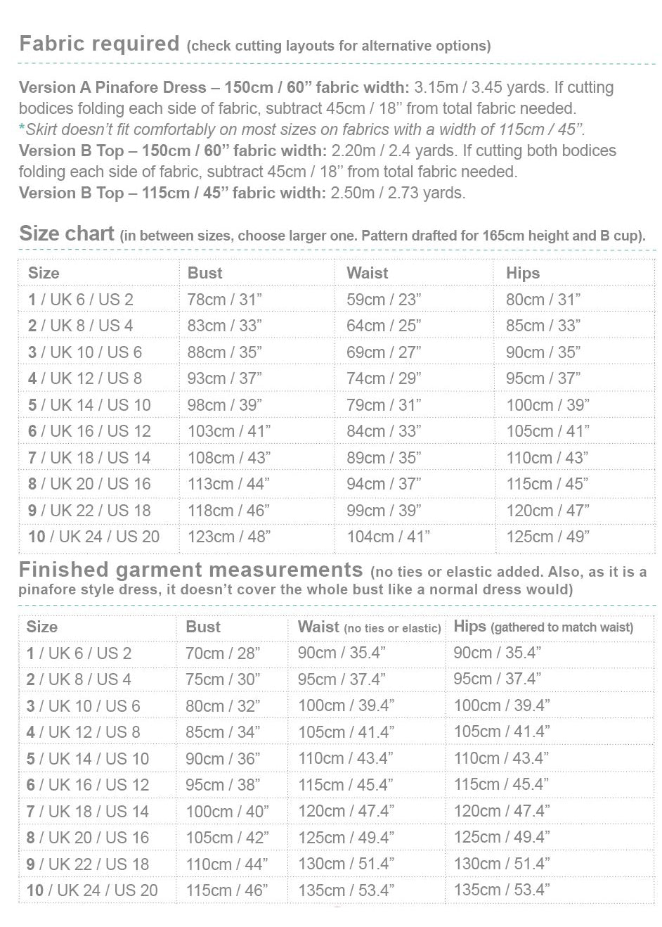 Apricot fabric and measurement chart sewing pattern pinafore dress