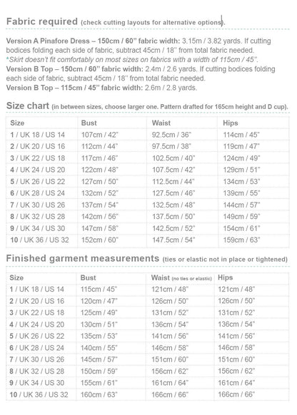 Apricot fabric and measurement chart new size range sewing pattern pinafore dress
