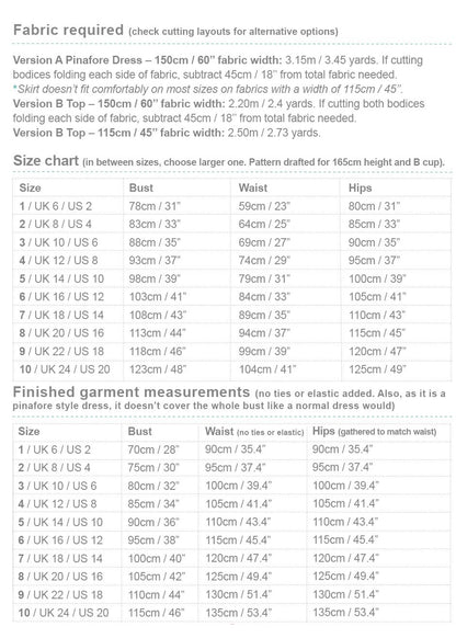 Apricot fabric and measurement chart sewing pattern pinafore dress