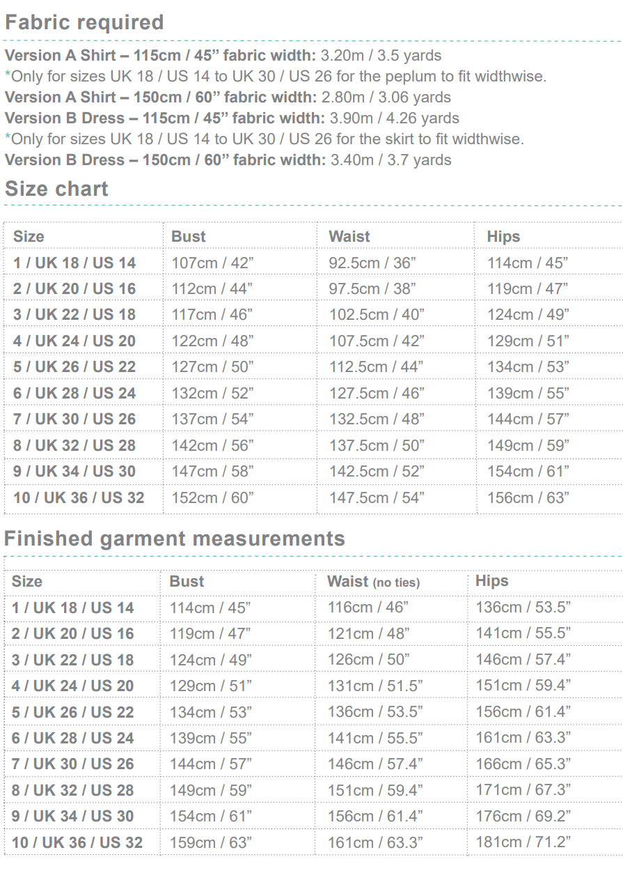 Honeycomb dress and top sewing pattern new size range charts