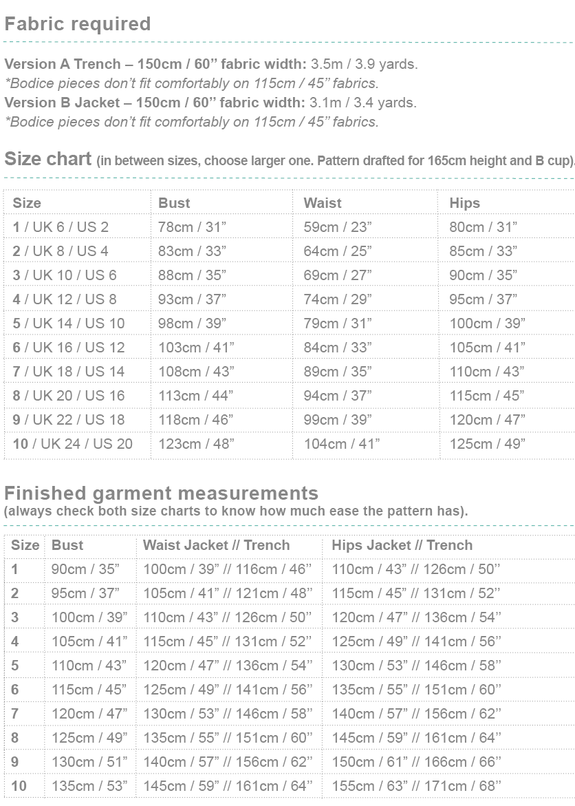 Size chart size1 Nutmeg trench jacket sewing pattern