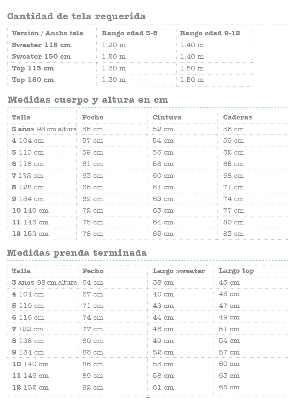 sizes and fabric spanish